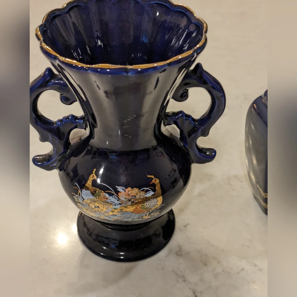 Cobalt Peacock and Flowers Oriental Vases Gold Trim Set of 2